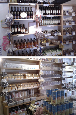 Some of the products on display in the shop, including chocolate wine, and other (mainly local) alcoholics drinks, and a huge assortment of chocolate bars, and other choccy products.