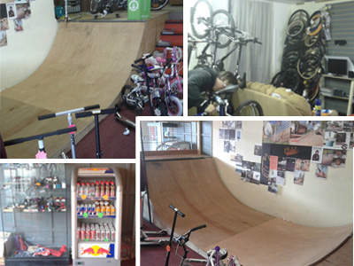 Montage of pictures from Kudos BMX. Clockwise from top left, the in-store ramp, cycle repairs, in-store ramp again, drinks fridge.